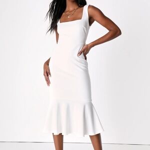 Moment Maker White Square Neck Trumpet Midi Dress